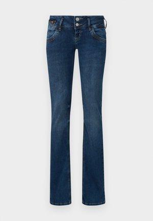 Denim jeans in dark blue with a slightly faded finish, featuring a classic five-pocket design and two-button front closure.