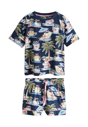 Ensemble pour enfants comprenant une chemise à manches courtes bleu marine et un short, décoré de motifs colorés de hamsters de dessin animé se relaxant sur des chaises de plage, avec des palmiers et des parasols.
