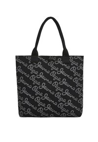 Zwarte tote bag met grijs "Pepe Jeans" logo patroon, gemaakt van stof, met twee stevige handvatten en een drukknoopsluiting.