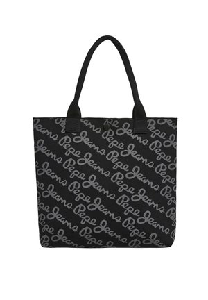 Zwarte tote bag met grijs "Pepe Jeans" logo patroon, gemaakt van stof, met twee stevige handvatten en een drukknoopsluiting.