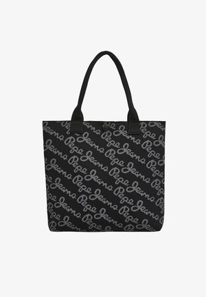 Musta olkalaukku, jossa on harmaa "Pepe Jeans" -logokuvio, valmistettu kankaasta, varustettu kahdella tukevalla kahvalla ja painonapilla.