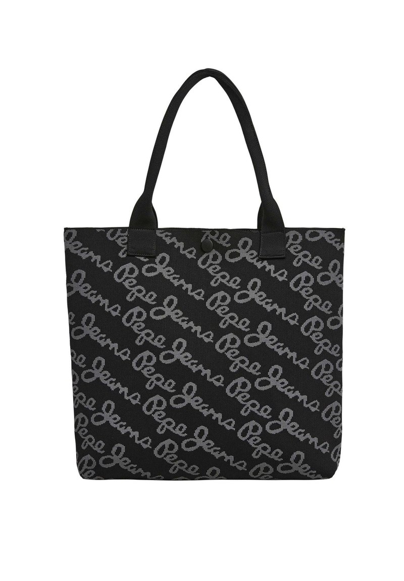 Zwarte tote bag met grijs "Pepe Jeans" logo patroon, gemaakt van stof, met twee stevige handvatten en een drukknoopsluiting.