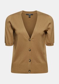 Brun stickad cardigan med korta puffärmar, v-ringning och fem knappar i guldton fram. Subtil ribbad textur.