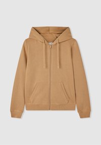 Felpa con cappuccio e zip in beige, con una texture morbida, tasche frontali e polsini e orlo a coste. Design semplice e zip resistente.