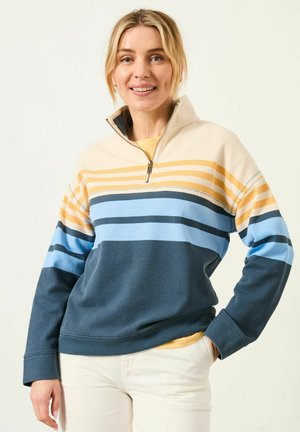 Fleece-Halbzip-Pullover mit horizontalen Streifen in Beige, Gelb, Blau und Marineblau. Verfügt über einen Reißverschlusskragen und strukturierten Stoff.