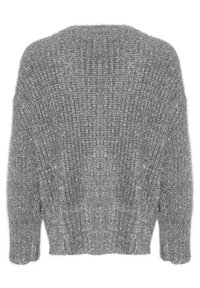 Gray knitted sweater with a textured pattern, wide sleeves, and a slightly cropped hem. The material has a fluffy, sparkly appearance.