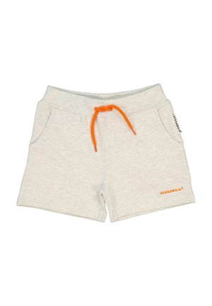 Harmaat puuvillashortsit, joissa on joustava vyötärö ja oranssi kiristysnauha. Ominaisuuksiin kuuluu kaksi sivutaskua ja "GEGGAMOJA" -logo oranssilla brodeerauksella.