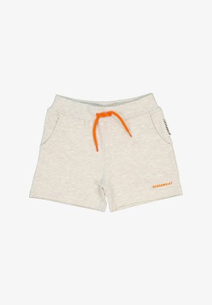 Harmaat puuvillashortsit, joissa on joustava vyötärö ja oranssi kiristysnauha. Ominaisuuksiin kuuluu kaksi sivutaskua ja "GEGGAMOJA" -logo oranssilla brodeerauksella.