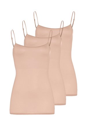 Drei beige ärmellose Camisoles mit dünnen verstellbaren Spaghettiträgern, nebeneinander auf einfarbigem Hintergrund gezeigt.