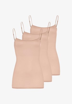Trois camisoles beiges sans manches avec fines bretelles spaghetti réglables, présentées superposées côte à côte sur un fond uni.