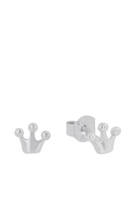 Orecchini a forma di corona in argento con tre decorazioni arrotondate sulla parte superiore e chiusura a perno sicura. Finitura metallica liscia.
