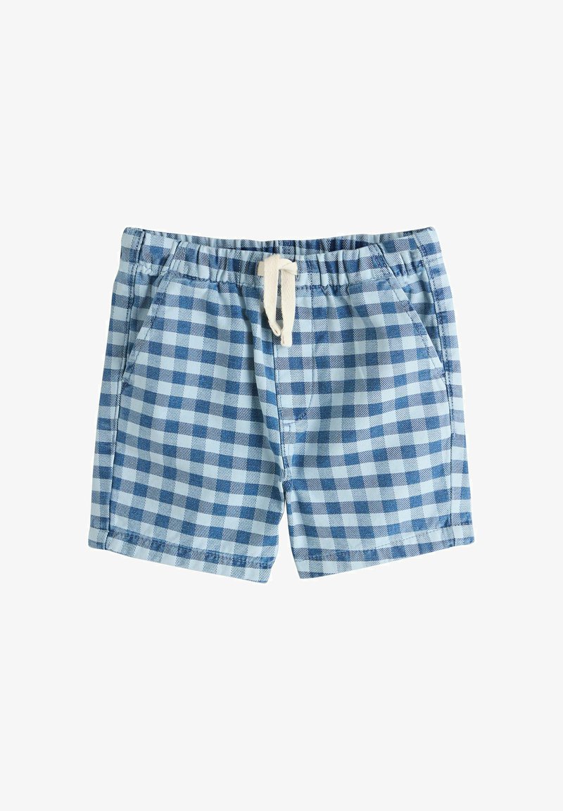Shorts à carreaux bleus et blancs avec taille élastique, cordon crème et poches latérales sur fond blanc.