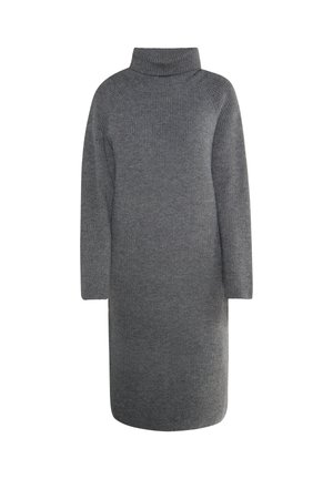 Szürke, kötött pulóverruha magas nyakkal, hosszú ujjakkal és egyenes siluettel. A ruhán bordás szerkezet található.