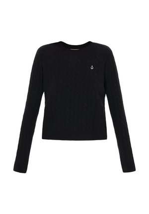 Sort kabelstrikket sweater med lange ærmer, ribbet halsudskæring og bund, med et lille hvidt ankerlogo på brystet.