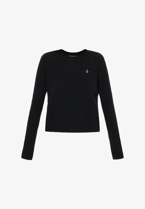 Black cable-knit sweater with long sleeves, ribbed neckline and hem, featuring a small white anchor logo on the chest.