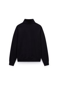Black pullover sweatshirt with a high collar, long sleeves, and ribbed cuffs. Smooth texture, simplistic design, no visible patterns or accents.