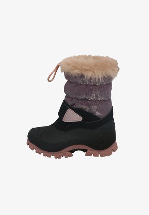 Botte d'hiver pour enfants avec semelle en caoutchouc noir, sangle réglable rose, dessus matelassé violet et bordure en fausse fourrure beige en haut.