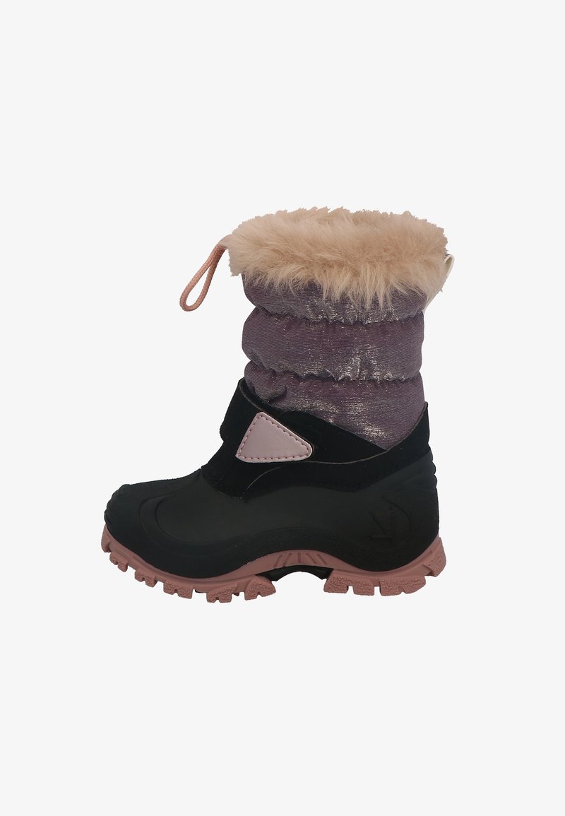 Botte d'hiver pour enfants avec semelle en caoutchouc noir, sangle réglable rose, dessus matelassé violet et bordure en fausse fourrure beige en haut.