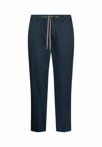 Pantalon bleu marine en mélange de coton avec une taille à cordon de serrage et des jambes droites, présentant un design minimaliste sans motifs ni éléments métalliques visibles.