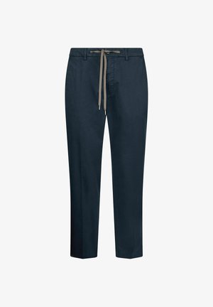 Pantalon bleu marine en mélange de coton avec une taille à cordon de serrage et des jambes droites, présentant un design minimaliste sans motifs ni éléments métalliques visibles.