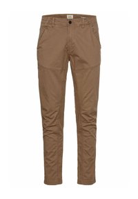 Braune, schmal zulaufende Hosen aus leichtem Baumwollmix, mit seitlichen Taschen, einem Reißverschluss und subtilen, tonal abgestimmten Nähten. Angenehme, glatte Textur.