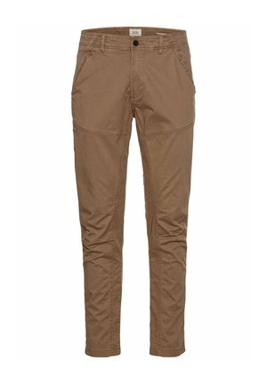 Bruine taps toelopende broek van een lichtgewicht katoenmix, met zijzakken, een rits en subtiele tonale stiksels. Soepele textuur.