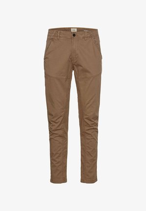 Brune tapered bukser lavet af letvægts bomuldsblanding, med sidelommer, lynlås og diskret tonet syning. Glat tekstur.
