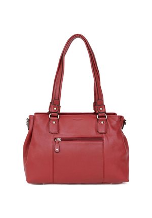 Borsa a mano in pelle rossa con due manici, tasca frontale con cerniera, texture liscia e dettagli con cuciture rinforzate.