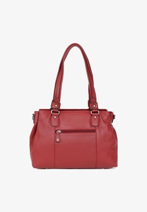 Rode leren handtas met twee schouderbanden, een voorvak met rits, een gladde textuur en versterkte stiksels.