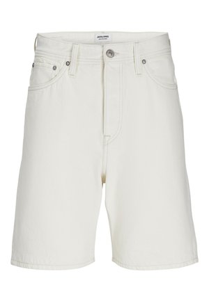 White denim shorts with a straight cut, featuring a zip fly, five pockets, and metal hardware for closure and accents.