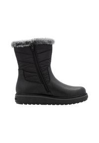 Schwarze Stiefel mit einem gesteppten Textil-Obermaterial, Kunstpelzbesatz, seitlichem Reißverschluss und strukturiertem Gummisohle. Die Stiefel verfügen über eine runde Zehenpartie und sind robust verarbeitet.