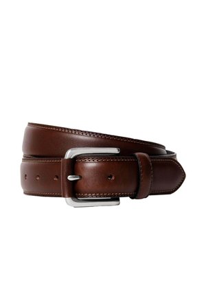 Brown leather belt with silver metal buckle, stitched edges, and five adjustment holes, coiled against a white background.