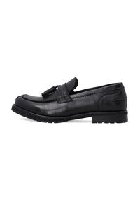 Schwarze Lederloafer mit glatter Textur, ausgestattet mit einer dekorativen Quaste und gestickten Details auf dem Spann. Niedrige Gummisohlen.