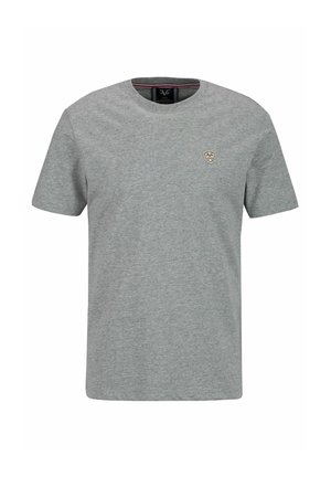 Grijze katoenen T-shirt met korte mouwen, ronde hals en een klein geborduurd logo op de borst. Zachte textuur en eenvoudig ontwerp.