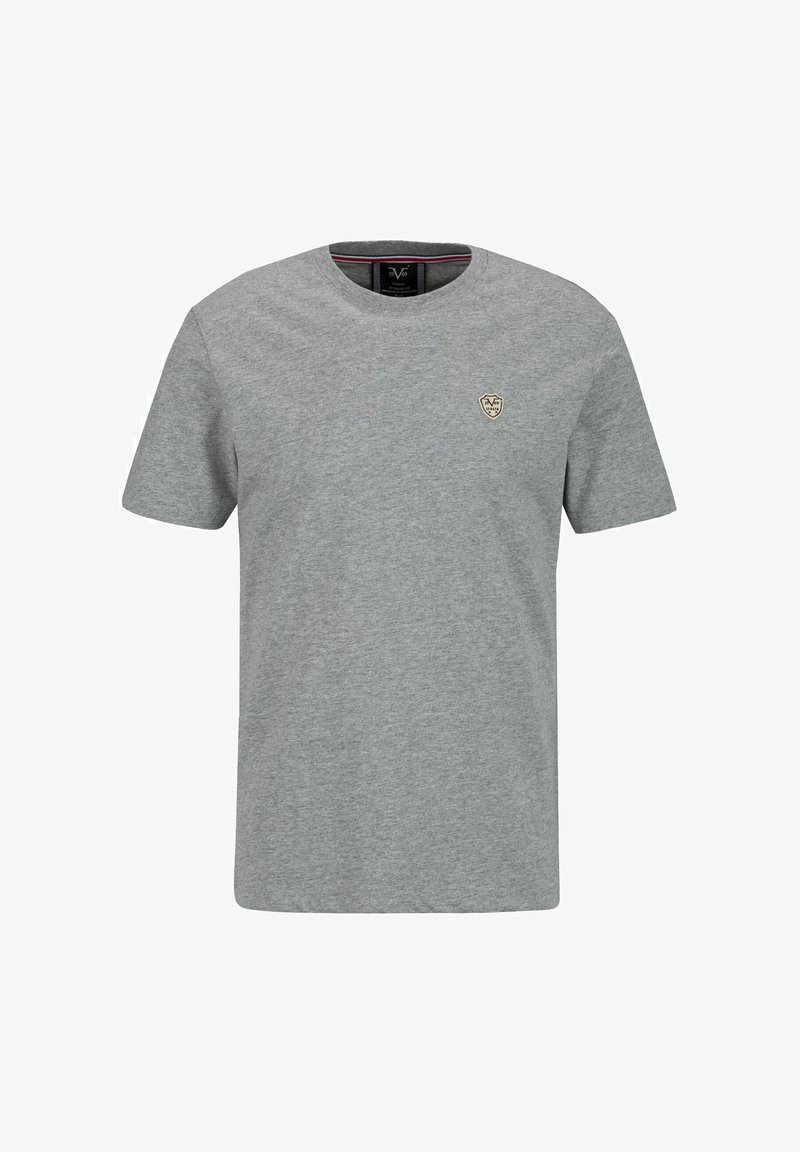 Graues Baumwoll-T-Shirt mit kurzen Ärmeln, rundem Ausschnitt und einem kleinen aufgestickten Logo auf der Brust. Weicher Stoff und schlichtes Design.