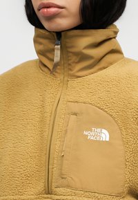 Κοντινό πλάνο ατόμο υ που φοράει ταμπά φλις μπουφάν με ψηλό γιακά και φερμουάρ, με ένα τσέπη με εταιρικό λογότυπο που γράφει "The North Face."