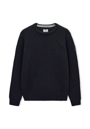 Zwarte geribbelde gebreide longsleeve trui met ronde hals, voorzien van een witte gestreepte binnenkraag en een patch op de linker mouw.