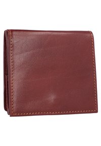 Brown leather wallet with a textured finish, featuring visible stitching and a bi-fold design for easy access to contents.