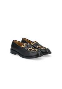 Black leather loafers featuring a leopard print textile accent on the vamp with a small block heel and decorative strap detail.