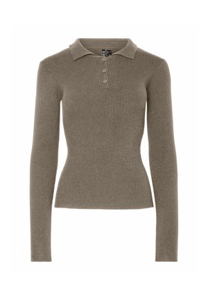 Polo à manches longues côtelé de couleur marron discret, avec un col, une patte de boutonnage à trois boutons et une silhouette ajustée. Texture lisse, design minimal.