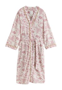 Peignoir crème avec motif floral rose, bordure dorée le long des bords, manches longues, ceinture à la taille et deux poches avant.