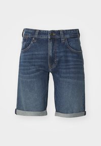 Șorturi din denim de culoare albastru închis, cu un design clasic cu cinci buzunare, cu mansete răsucite, cusături în contrast și închidere cu buton în față.