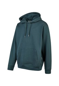 Teal farbener Kapuzenpullover aus weichem Baumwollmischgewebe. Verfügt über eine vordere Kängurutasche und verstellbare Kordeln an der Kapuze.