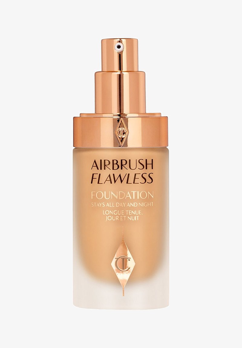 Airbrush Flawless Foundation-Flasche mit roségoldenem Pumpspender, gekennzeichnet für den ganztägigen und nächtlichen Gebrauch.