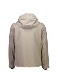 Beżowa kurtka z kapturem o gładkiej fakturze i elastycznych mankietach. Charakteryzuje się prostymi liniami i luźnym krojem, odpowiednia do noszenia na co dzień.