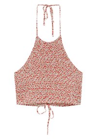Blumen-Crop-Top aus weißem Stoff mit roten und grünen Mustern, mit hohem Kragen, verstellbaren Bändern und einem gebundenen Saumdetail.