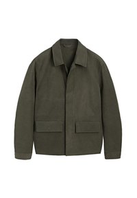 Grøn bomuldsjakke med krave, frontlommer med klap og en afslappet pasform. Har et minimalistisk design og en glat tekstur.