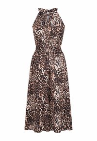 Robe sans manches à col halter avec fermeture nouée, taille élastique, motif léopard marron, noir et beige, jupe longueur genou.
