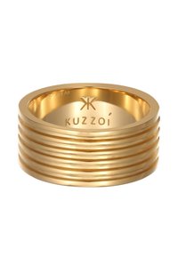 Gold-toned ring with five horizontal grooves, featuring a polished finish and engraved "KUZZOI" logo on the inner band.