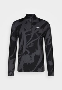 Schwarzer Pullover mit langen Ärmeln und einem Viertel-Reißverschluss, aus glattem Material und mit abstrakten grauen Mustern, darunter Wellen und Sterne.